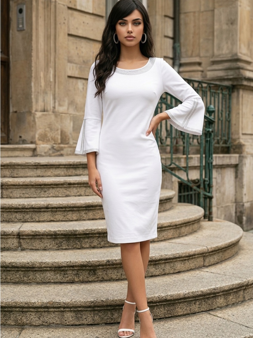 Lily & Taylor New York jewels on neck & sleeves split flare cuffs white dress 12